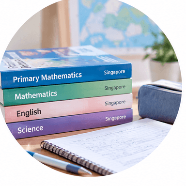 Stack of Singapore school textbooks beside a notebook and pen